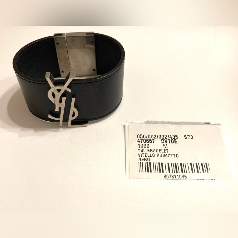 Saint Laurent Black YSL Silver Monogram Leather Cuff Bracelet AUTHENTIC Size M